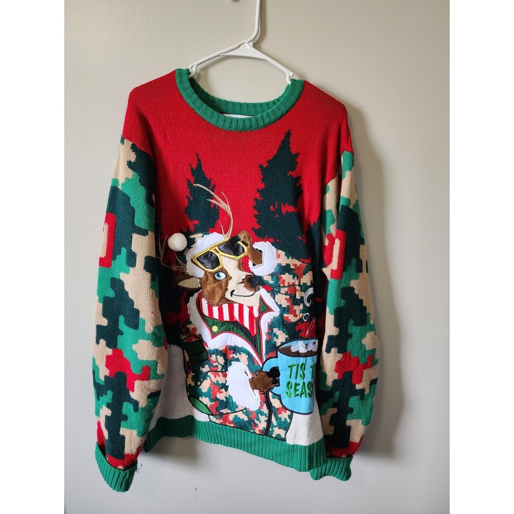 Celebrate Together Reindeer Ugly Christmas Sweater XXL Red Green Camo Tis Season